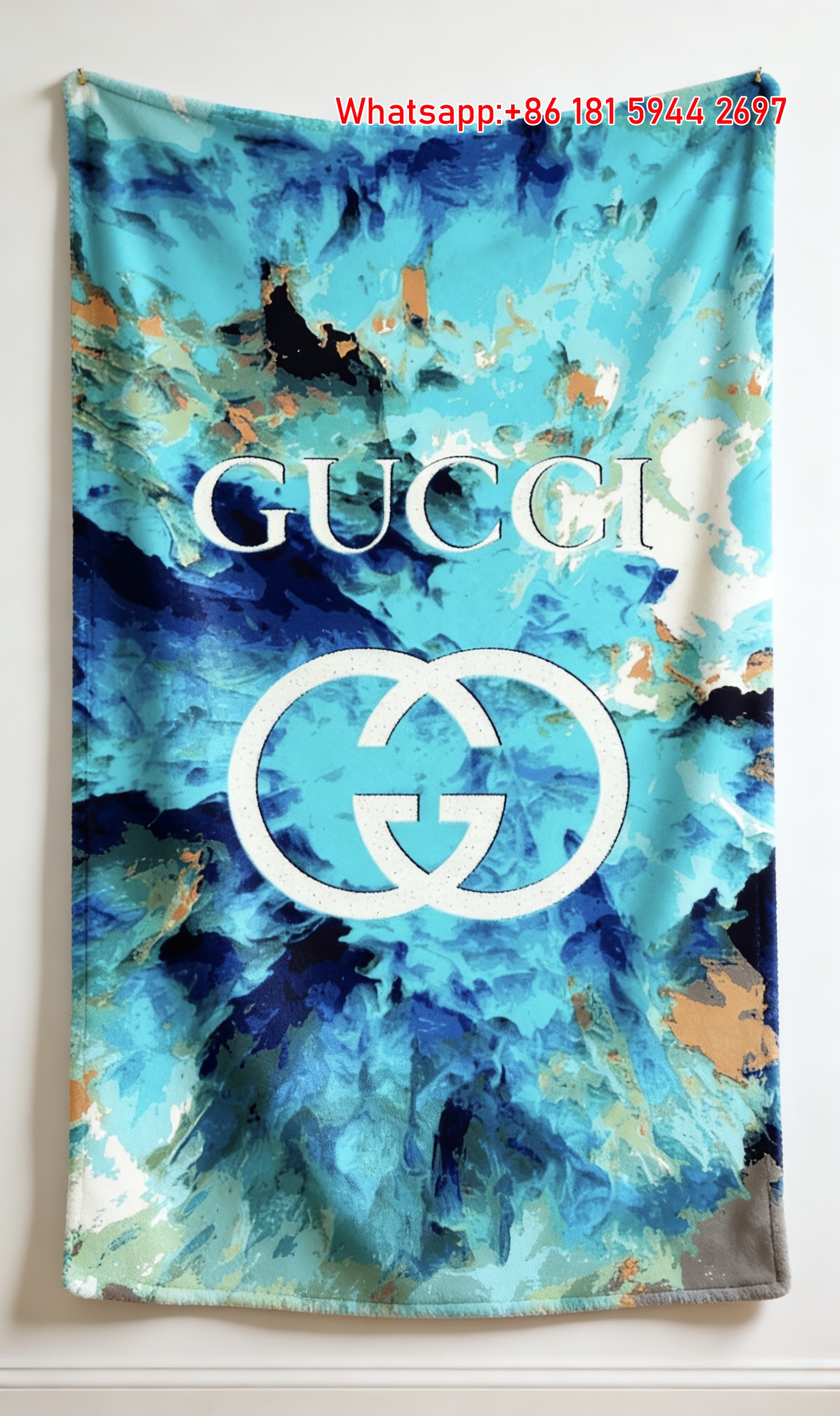 Azure Watercolor GG Logo Flannel Blanket Cyan Abstract Art Gucci Wall Tapestry IMG_2656